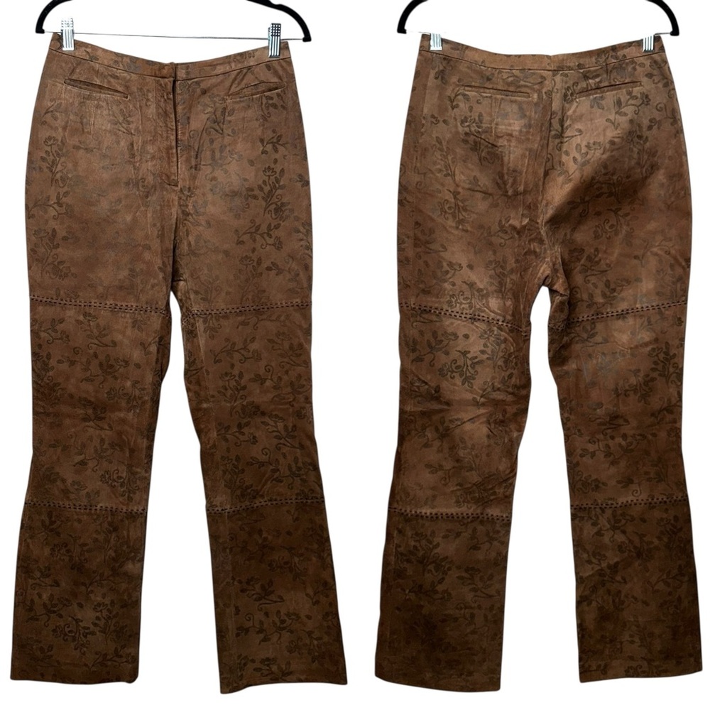 Tyler Boe Brown Suede Leather Floral Embroidered Boho Western Pants Size 10